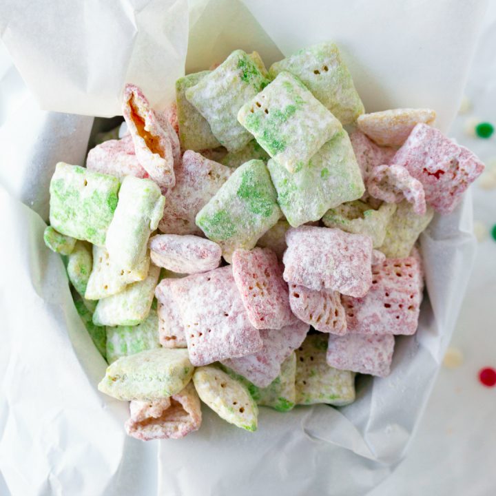 festive red and green Christmas puppy chow snack
