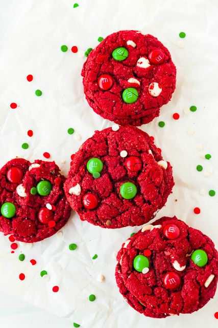 overhead image of red velvet Christmas cookies