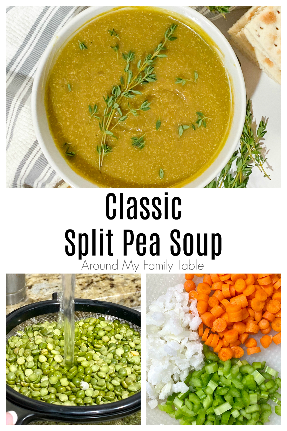 Delicious and simple Classic Split Pea Soup made with dried peas and a leftover ham bone screams comfort food. It's perfect for a cold winter day!  via @slingmama