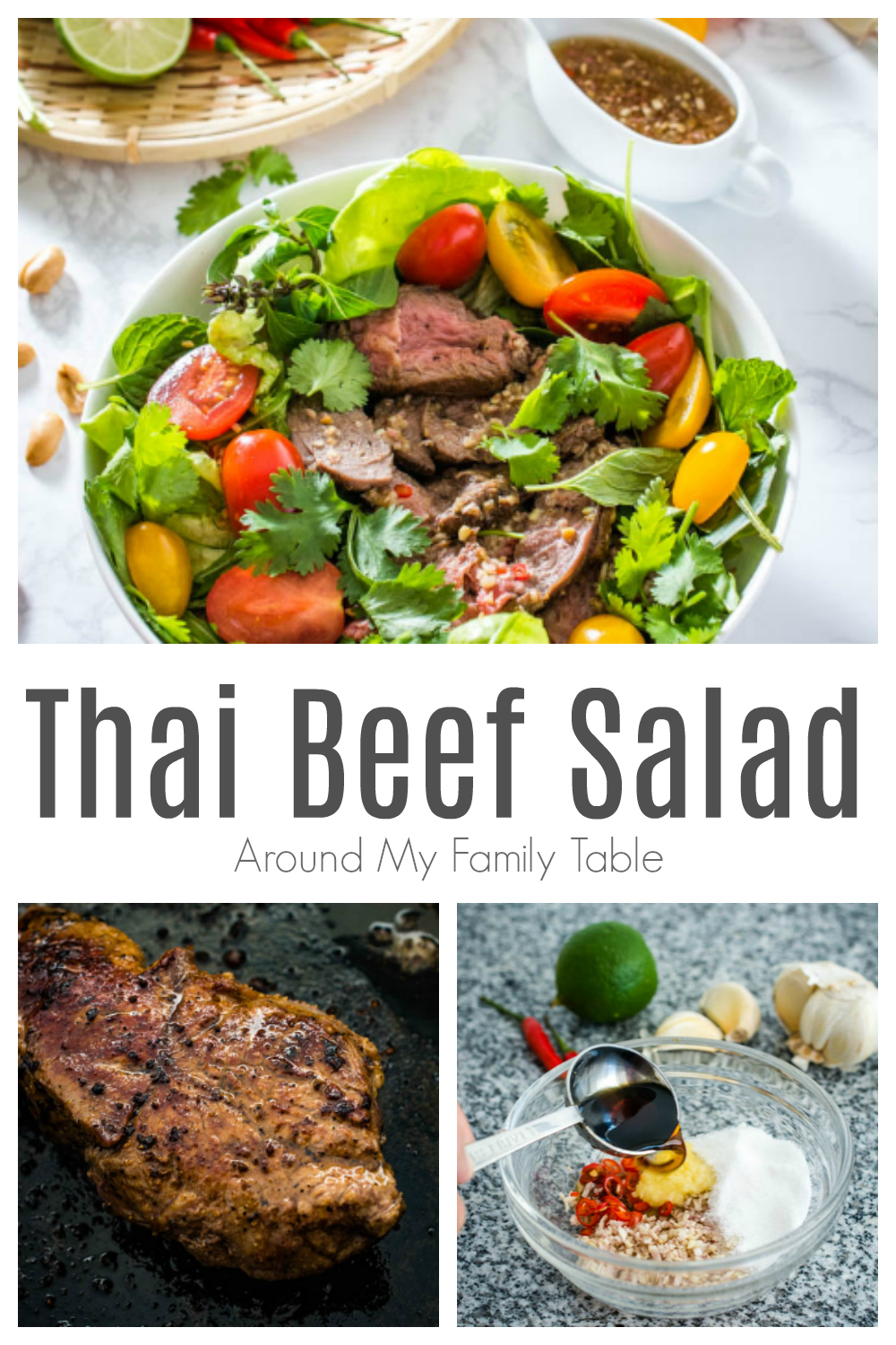 This Thai Beef Salad features thin slices of beef on fresh salad greens and herbs like mint, basil and cilantro, all tossed in a tangy and spicy Thai dressing then topped with chopped peanuts for some added crunch. via @slingmama