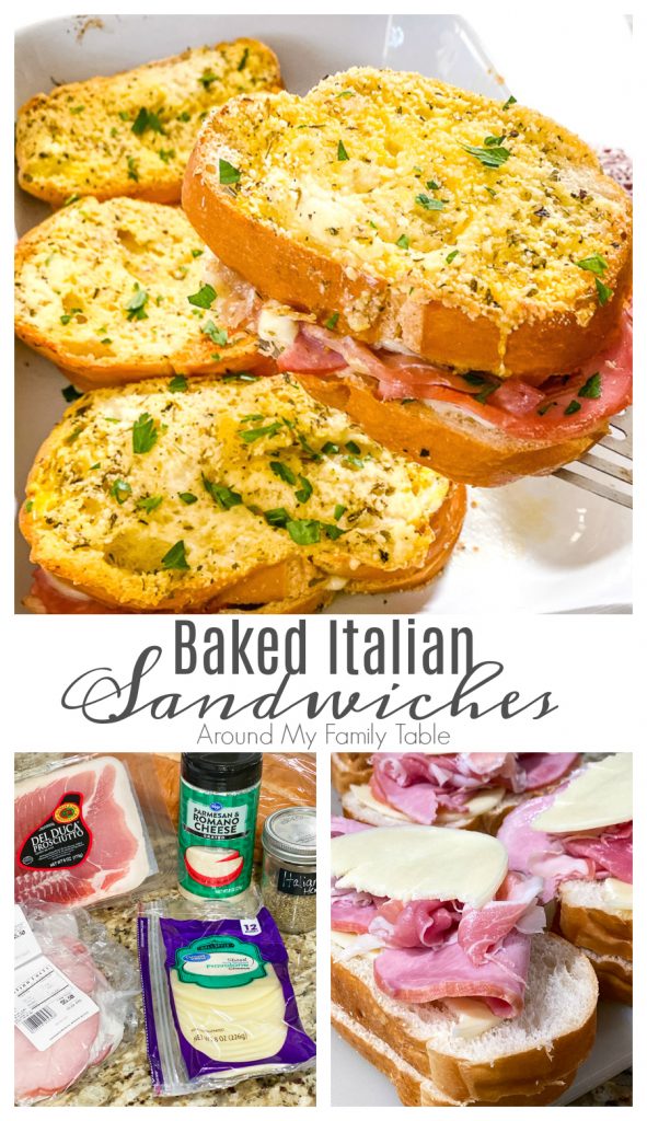 collage of baked italian sandwiches in white dish and ingredients