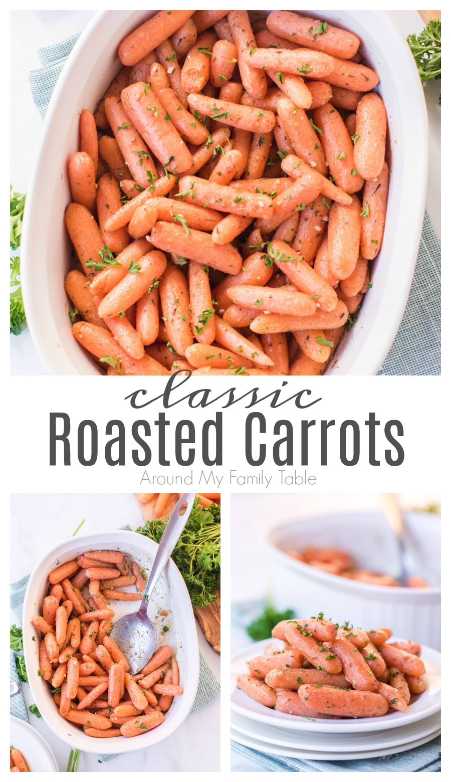 Roasted Carrots are a staple in my house all year long, but I like to dress them up with thyme and garlic for the holidays to make them extra special.  Your family will love these classic roasted baby carrots. #carrots #roastedvegetables #sidedishes #eastersidedish via @slingmama