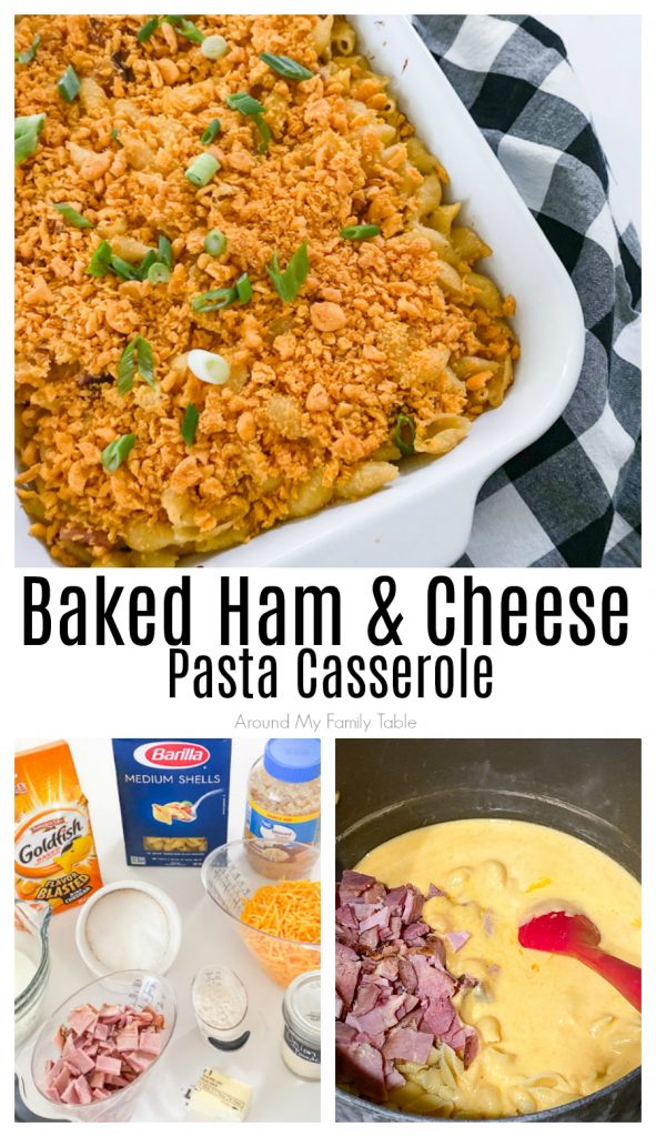 Baked Ham & Cheese Pasta Casserole in white pan plus ingredients collage