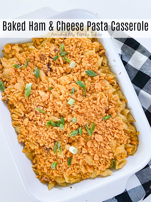 Baked Ham & Cheese Pasta Casserole in white pan with checkered napkin