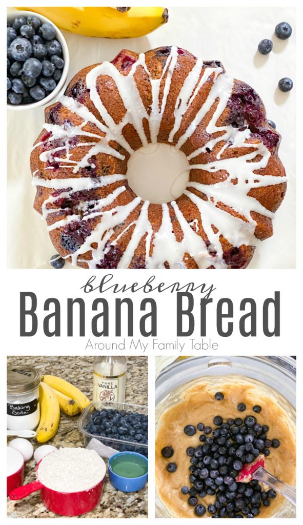 blueberry banana bread collage with done bread, ingredients, and batter