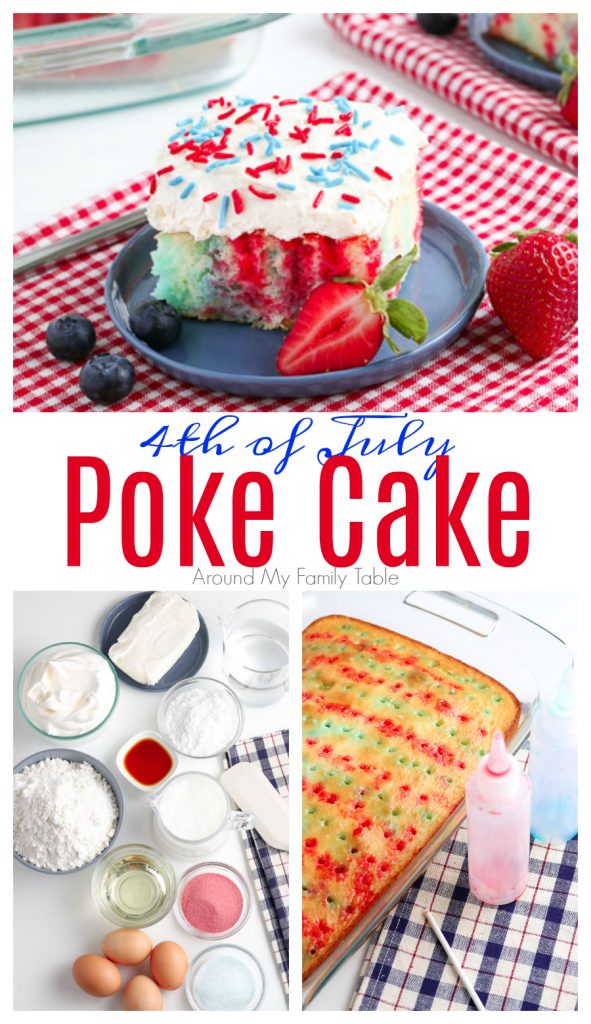 4th of July Poke Cake collage of ingredients, cake with jello, and final cake