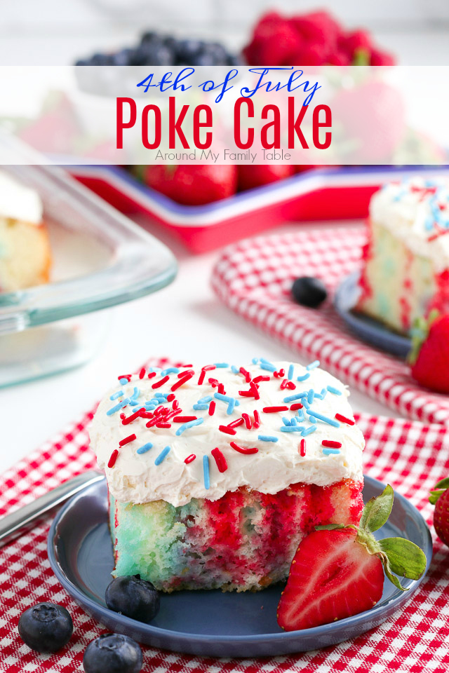 4th of July Poke Cake with berries on a white table with red checkered napkins