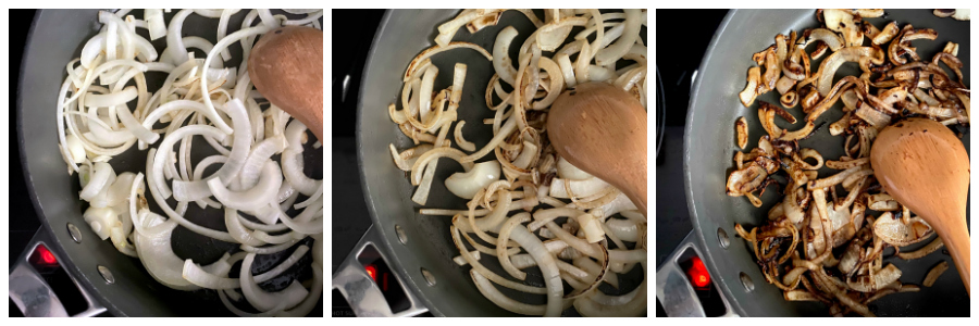 how to caramelize onions...shows onions of different stages in the cooking process