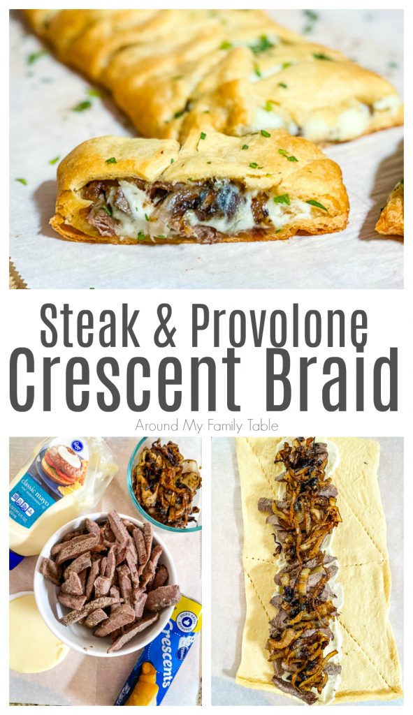 collage of cooked Steak & Provolone Crescent Braid on parchment paper on a pizza peel, plus ingredient image and process image of meat, cheese, and onions on dough