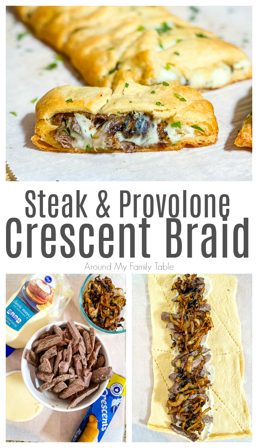 This Steak & Provolone Crescent Braid is the perfect blend of leftover steak, caramelized onions, and lots of gooey provolone that's perfect for a Sunday lunch or simple weeknight supper. It would make a great party appetizer too! via @slingmama