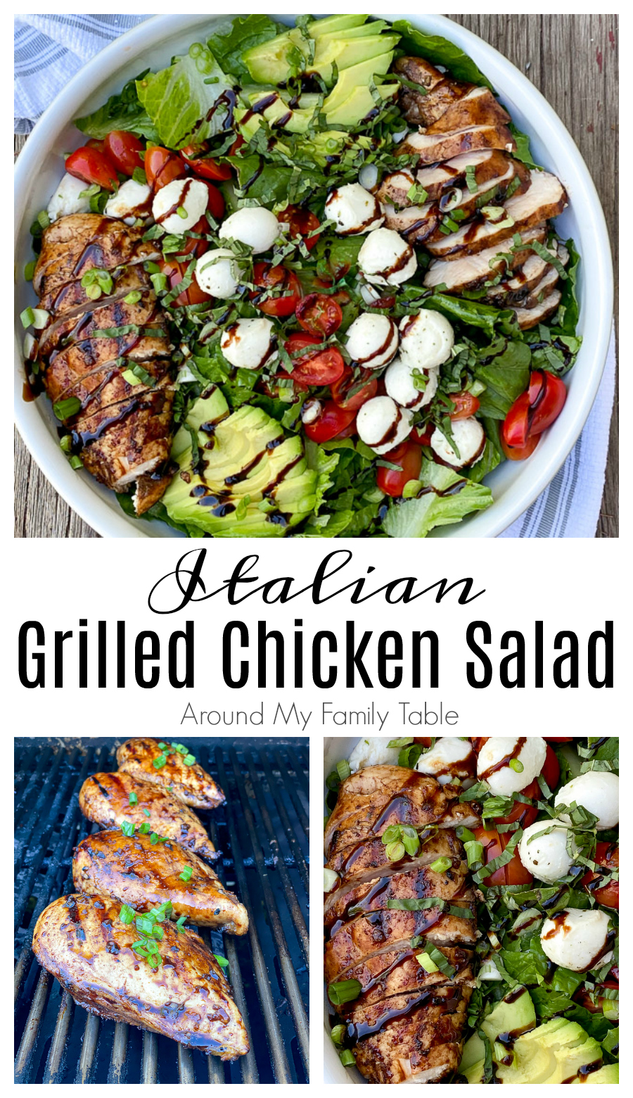Hot summer nights call for simple dinners like this Italian Grilled Chicken Salad.  It's easy to throw together and has so much flavor from the chicken, mozzarella, and balsamic glaze.  via @slingmama