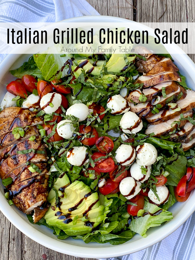 Italian Grilled Chicken Salad on a wood table