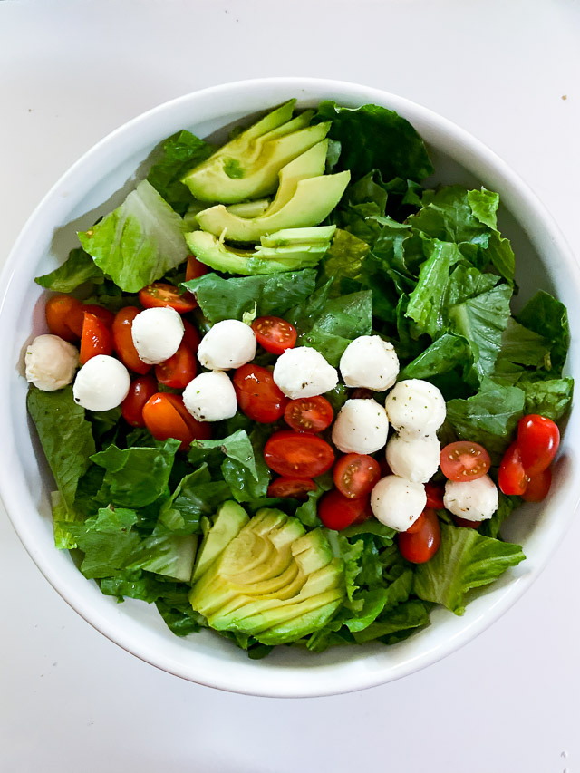 Italian Grilled Chicken Salad ingredients in a bowl