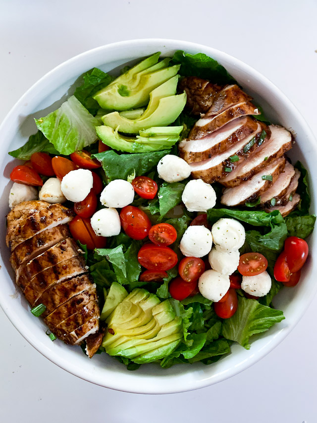 Italian Grilled Chicken Salad ingredients in a bowl