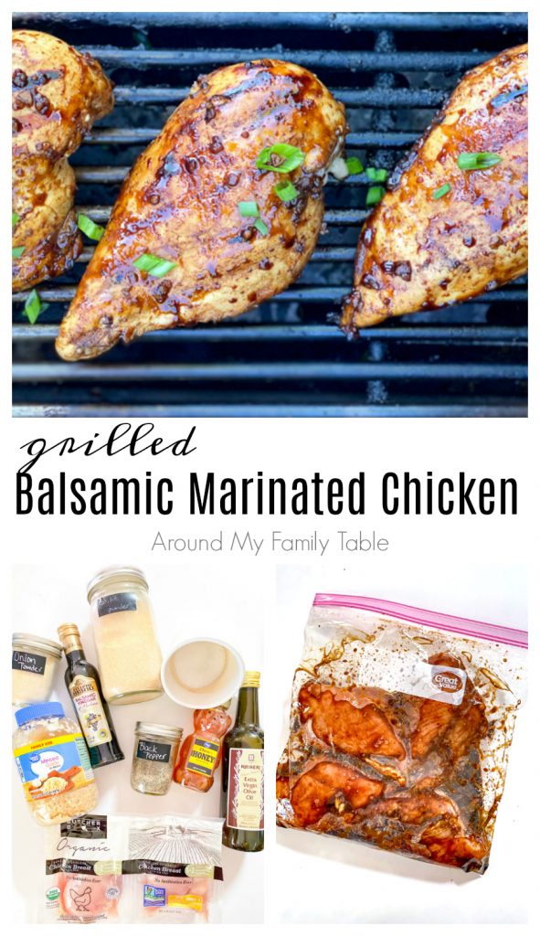 Balsamic Marinated Chicken collage...ingredients, marinating chicken in a bag, cooked chicken on the grill