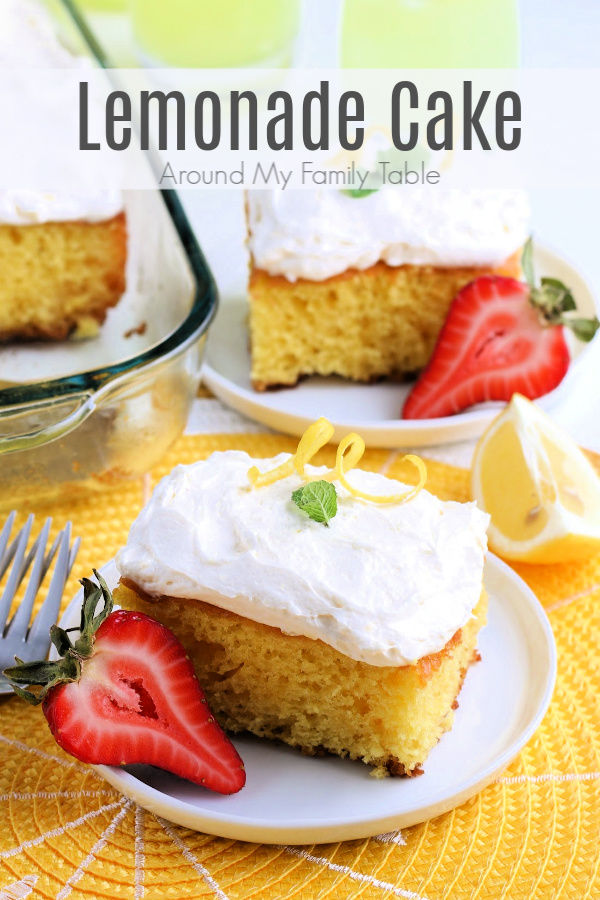 lemonade cake slices on white plates and yellow placement