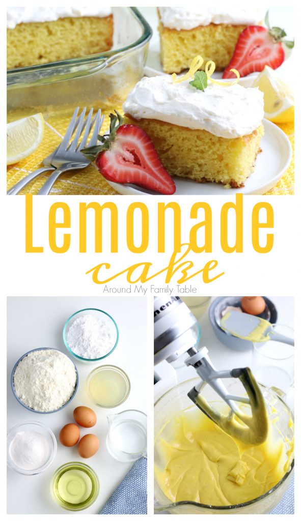 lemonade cake slices on white plates and yellow placement and ingredients and process shots