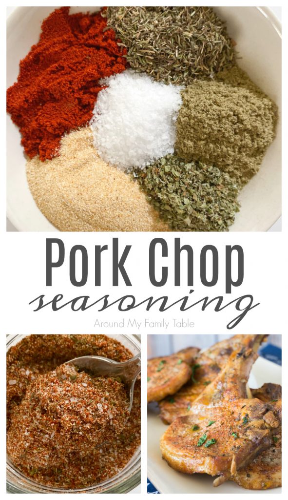 pork chop seasoning collage with ingredients and on pork chops
