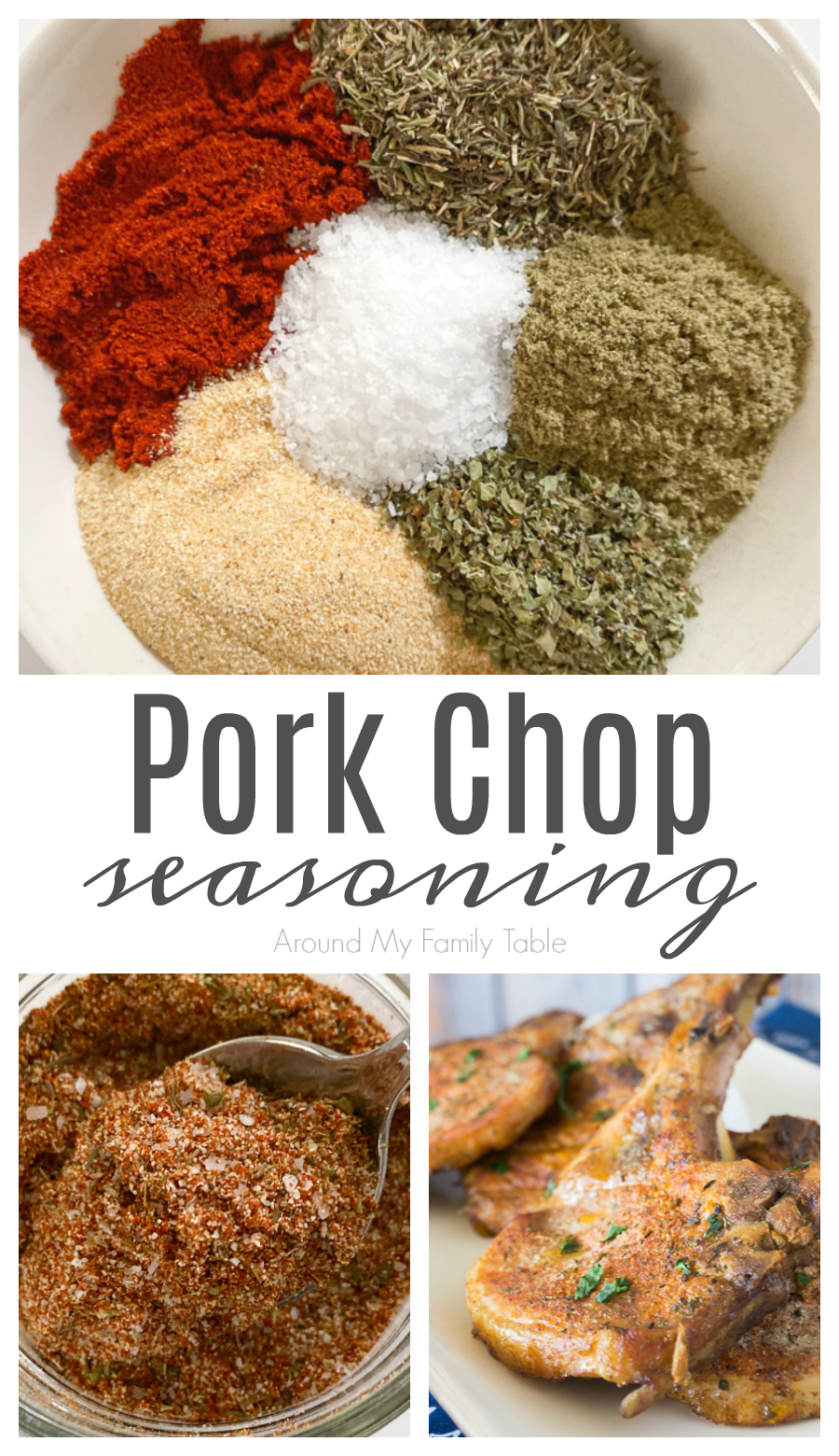 Pork chop seasoning is easy to make and the flavor it gives to otherwise bland pork is amazing! Make this spice blend recipe with 6 pantry staples! via @slingmama