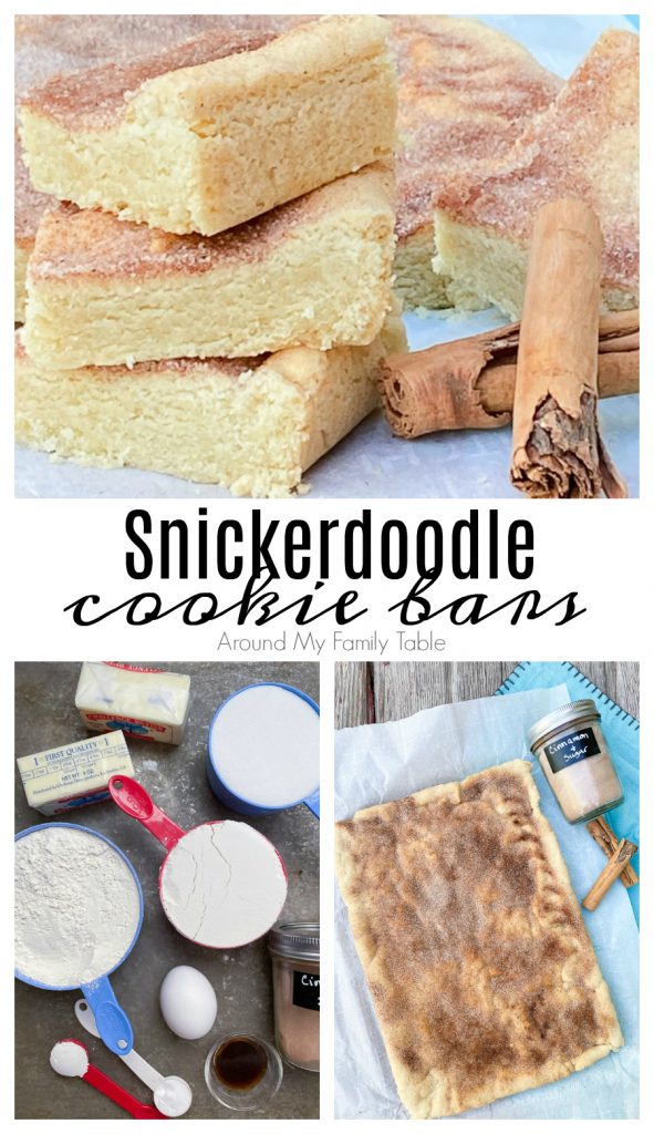 collage of snickerdoodle cookie bars...cut, ingredients, and whole bar