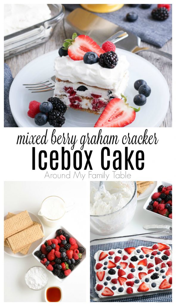 collage of mixed berry graham cracker icebox cake, slice of cake, ingredients, and whole cake