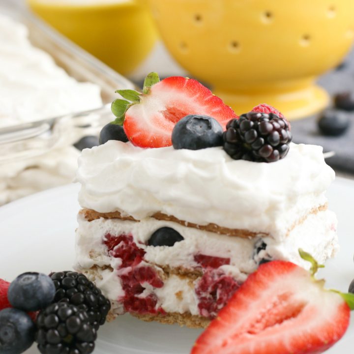 slice of mixed berry graham cracker icebox cake