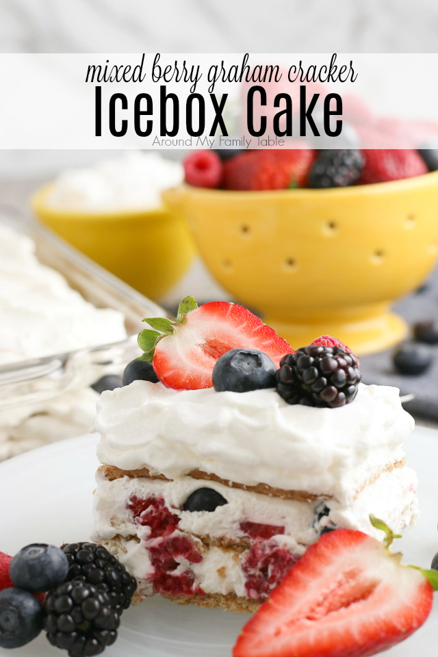 slice of mixed berry graham cracker icebox cake