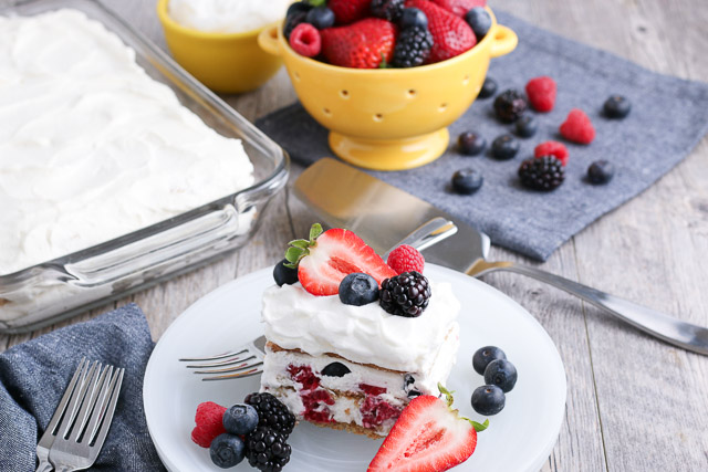 slice of mixed berry graham cracker icebox cake