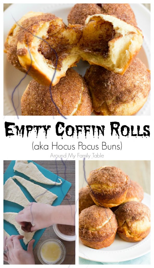 empty coffin rolls (hocus pocus buns) on a plate