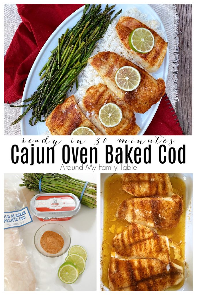 Cajun Oven Baked Cod on a plate with rice and asparagus and collage of preparing recipe