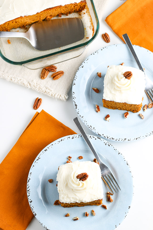 keto pumpkin cake with cream cheese frosting on serving plates