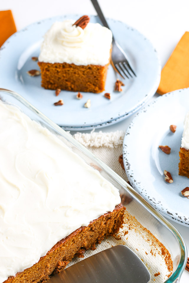 keto pumpkin cake with cream cheese frosting on serving plates