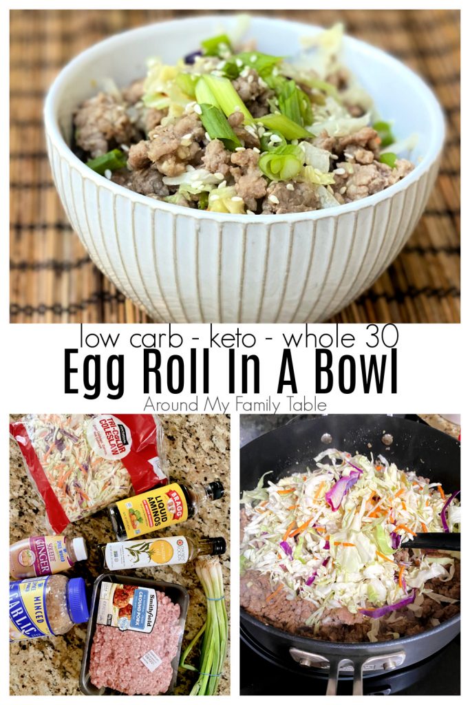 keto egg roll in a bowl collage, ingredients, cooking, and served