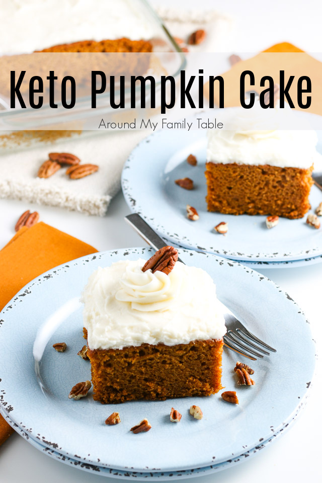 keto pumpkin cake with cream cheese frosting on serving plates