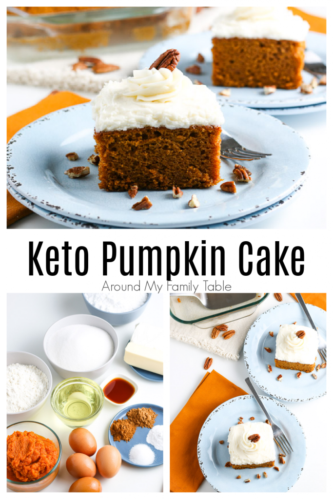 keto pumpkin cake with cream cheese frosting collage of cake and ingredients