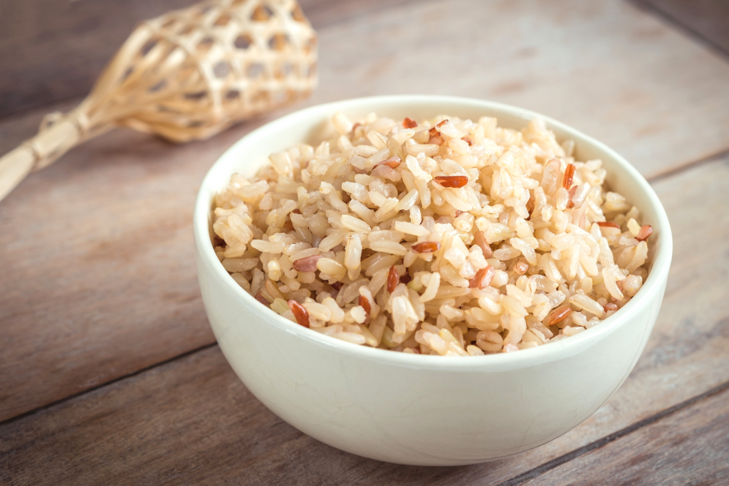 cooked brown rice in a white bowl