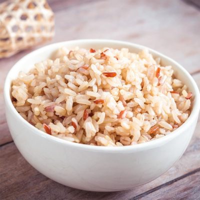 cooked brown rice in a white bowl
