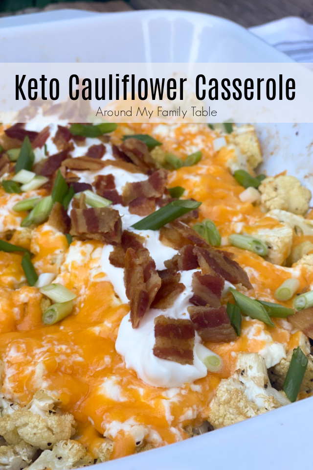 loaded keto cauliflower casserole in a baking dish