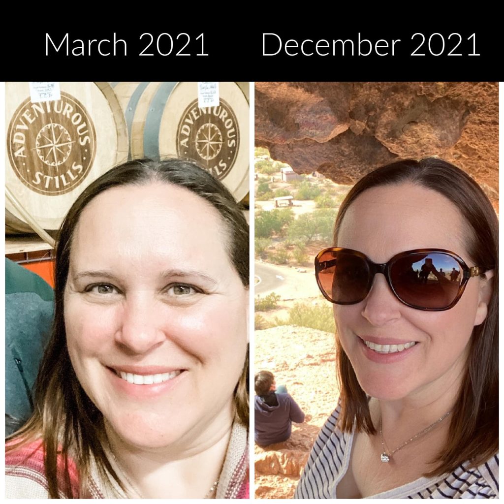 side by side photos with 8 months of weight loss
