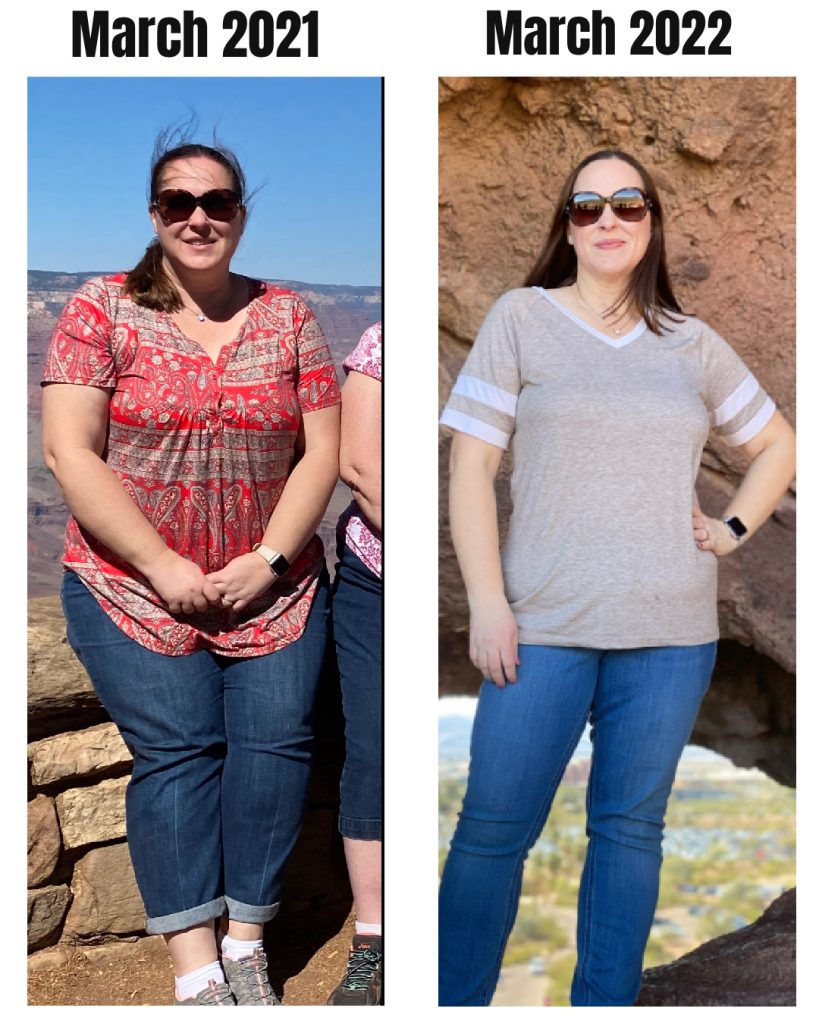 side by side photos with 1 year of weight loss