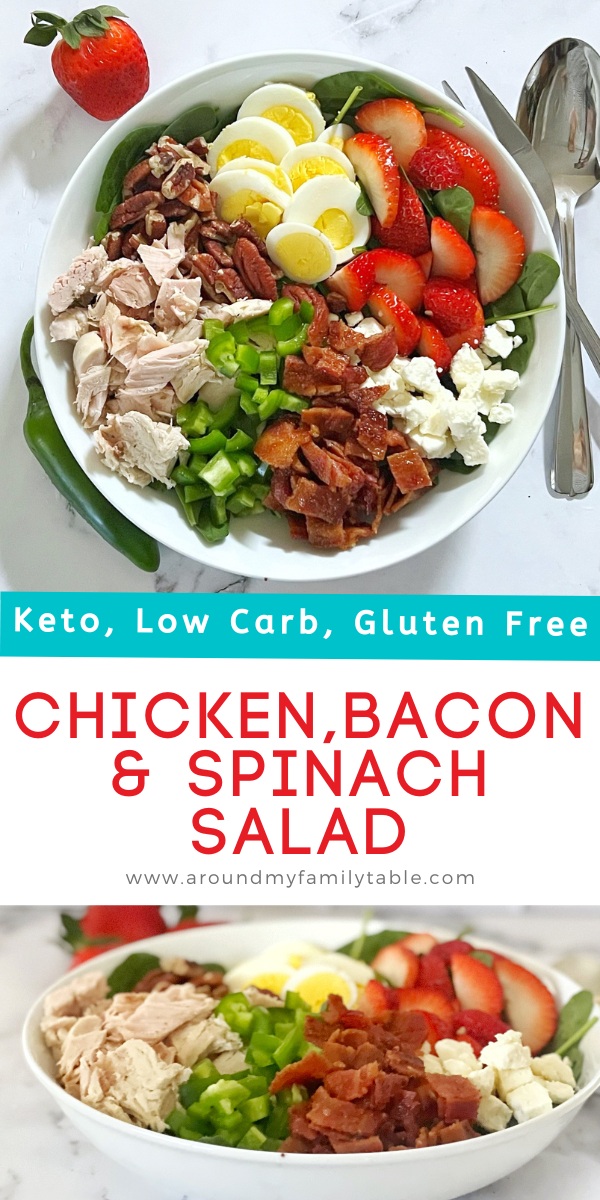 Keto Chicken, Bacon, & Spinach Salad is a great way to use up leftovers or prepare in advance for a quick, low carb lunch or dinner.  It's so delicious and full of flavor that you'll forget this is keto friendly.  via @slingmama