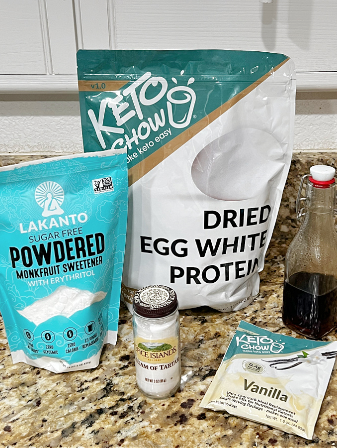 Keto angel food cake ingredients on counter