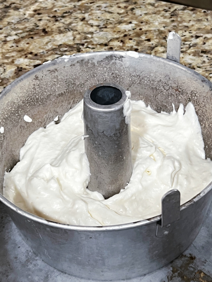 keto angel food cake in pan before baking