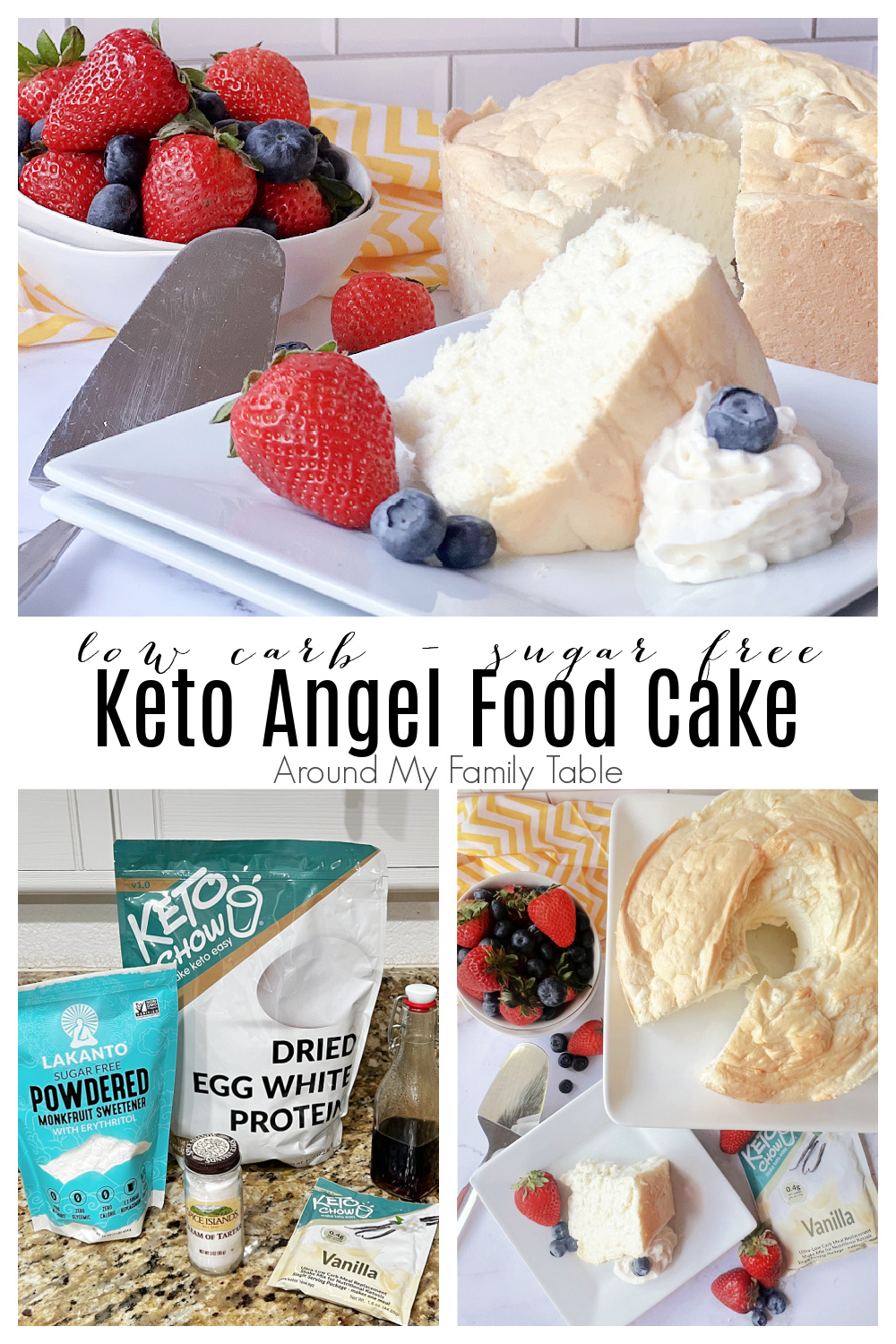 Keto Angel Food Cake that's light, fluffy, and has the same flavor as traditional angel food cake recipe, but without all the guilt and sugar. A low carb dessert using Keto Chow.  via @slingmama