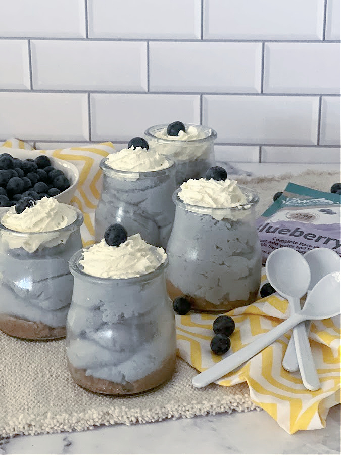 Keto Chow Blueberry Cheesecake Mousse in glass jars