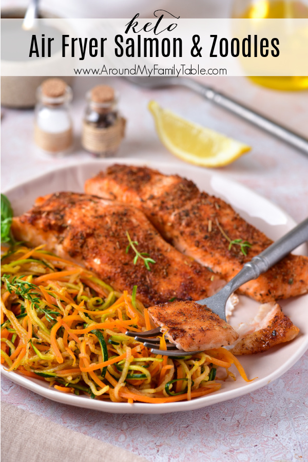 air fryer keto salmon and zoodles on white plate