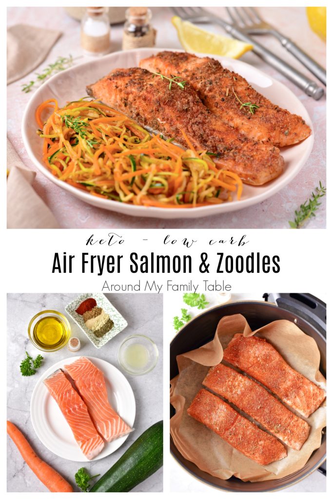 air fryer keto salmon and zoodles on white plate and ingredients in a collage