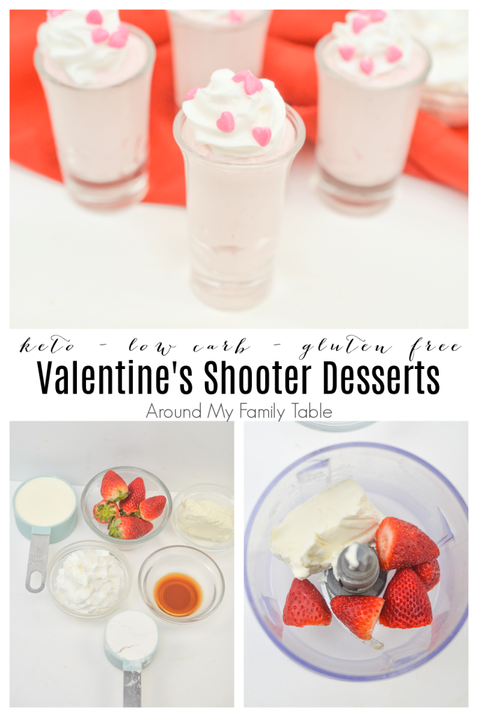 collage of keto valentine dessert with ingredients and strawberries in blender.  dessert on white table