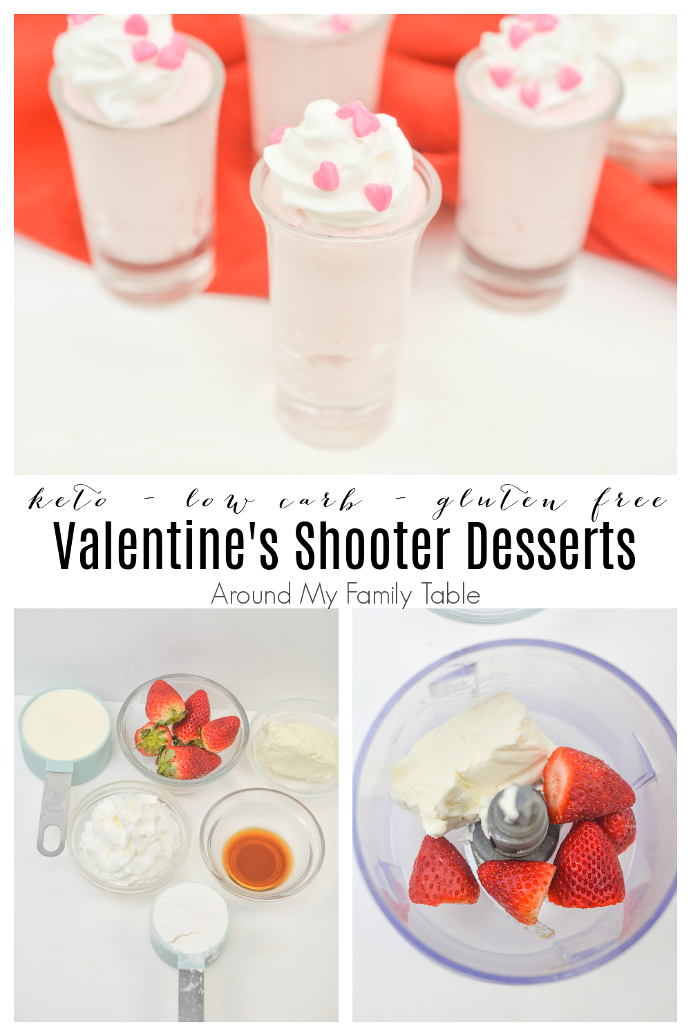 Make these Keto Valentine's Shooter Desserts for your Valentine this year! They are so decadent with cream cheese, heavy cream, strawberries, and a splash of vanilla. Low Carb and sugar free dessert via @slingmama