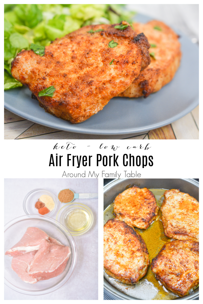 collage of keto air fryer pork chops, ingredients on white counter, and pork chops in air fryer cooking